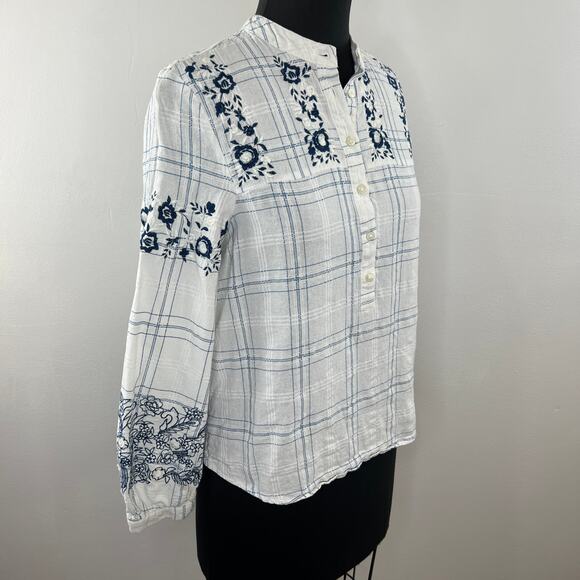 VERO MODA White & Blue Estella Long Sleeve Check Embroidered Top Popover S - Picture 3 of 7